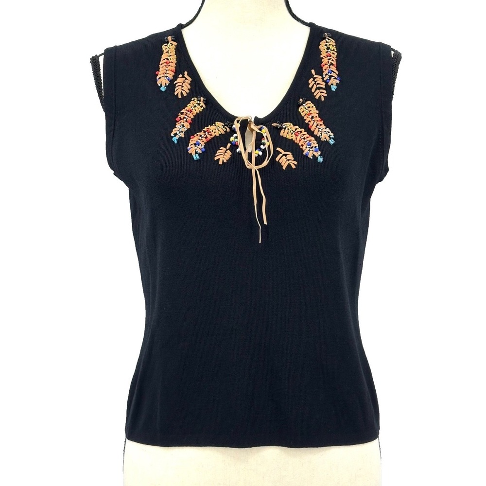 JOSEPH A. Sleeveless Beaded Knit Top Keyhole‎ Tie Neck Women's Large